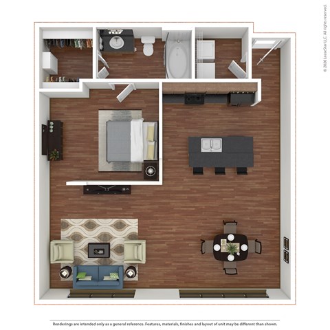 1x1 A6 a stylized floor plan with a bedroom and a living room